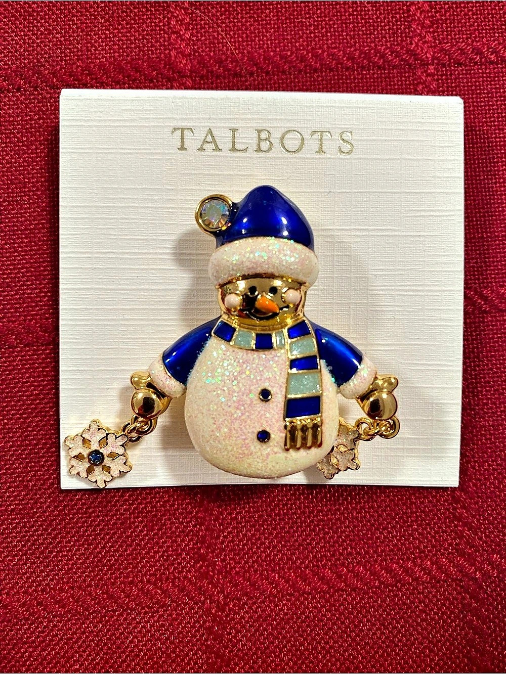 Talbots Crystal Snowman Brooch Pin Blue & White NWT